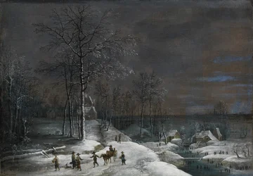 Winter Landscape with Snow-Covered Watermill and Figures